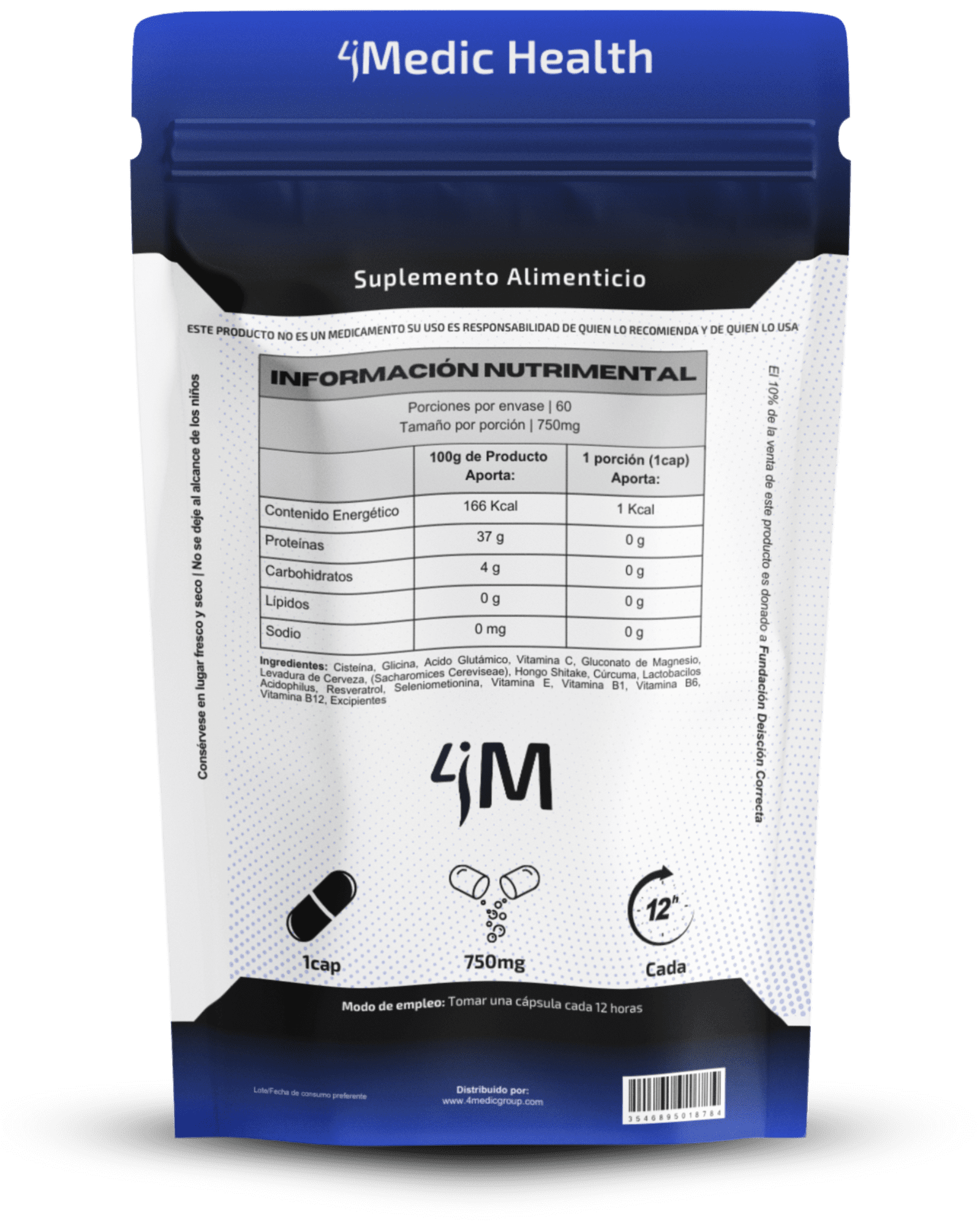 Suplemento GlutaShield 4Medic precursor de glutatión con nanotecnología para salud celular y recuperación deportiva.