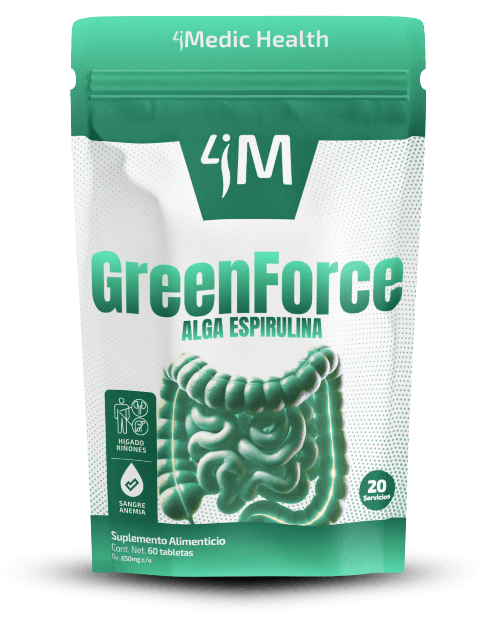 Suplemento Green Force 4Medic Health alga espirulina orgánica con nanotecnología para nutrición celular y detox natural.