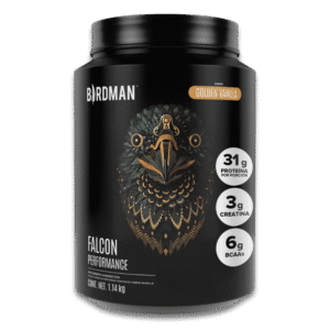 Birdman Falcon Performance Proteína Premium vegana 1.14kg sabor vainilla, 30g proteína y 3g creatina por porción, suplemento en polvo para alto rendimiento.