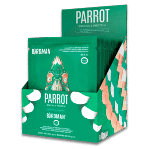 Birdman Parrot Greens & Protein en presentación de 12 sobres de 30 g sabor matcha, suplemento vegano con proteína vegetal, fibra, vitaminas y minerales.