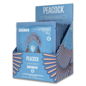 Birdman Peacock Plant Meal suplemento vegano en polvo sabor chocolate, caja con 10 sobres de 42 g cada uno