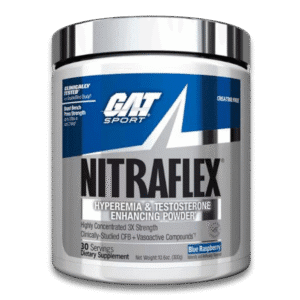 Suplemento GAT Sport Nitraflex sabor Blue Raspberry, pre entreno con refuerzo de testosterona, energía y enfoque para entrenamientos intensos.