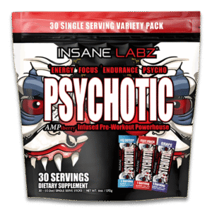 Insane Labz Psychotic Rojo bolsa 30 servicios variety pack con sobres individuales de pre-workout en varios sabores para energía extrema y enfoque